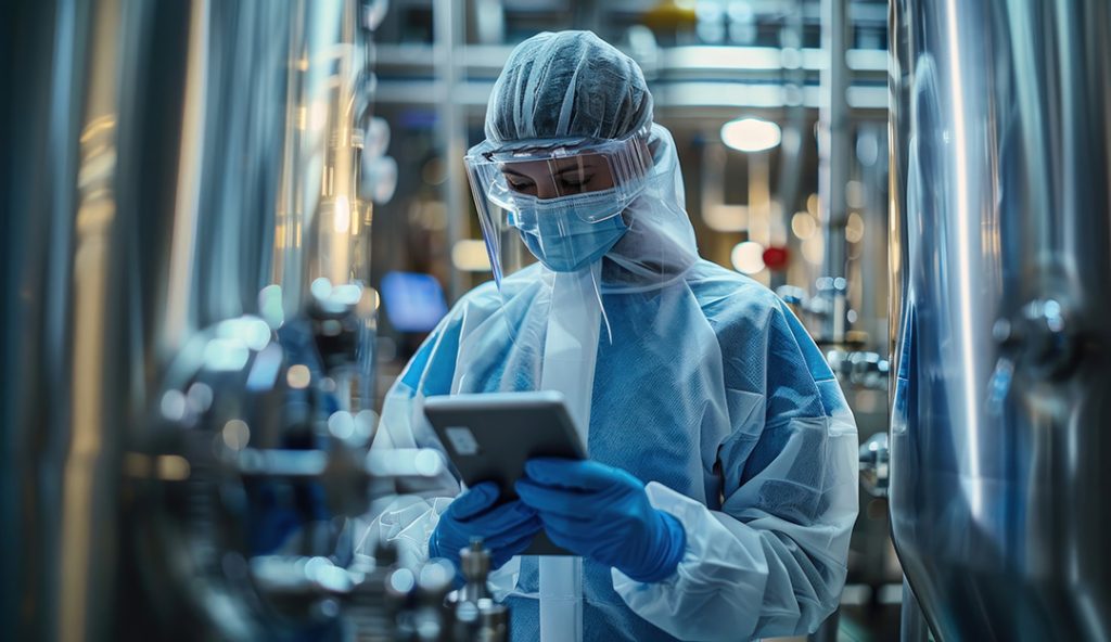 Worker in blue PPE and mask uses tablet among large steel tanks in clean facility